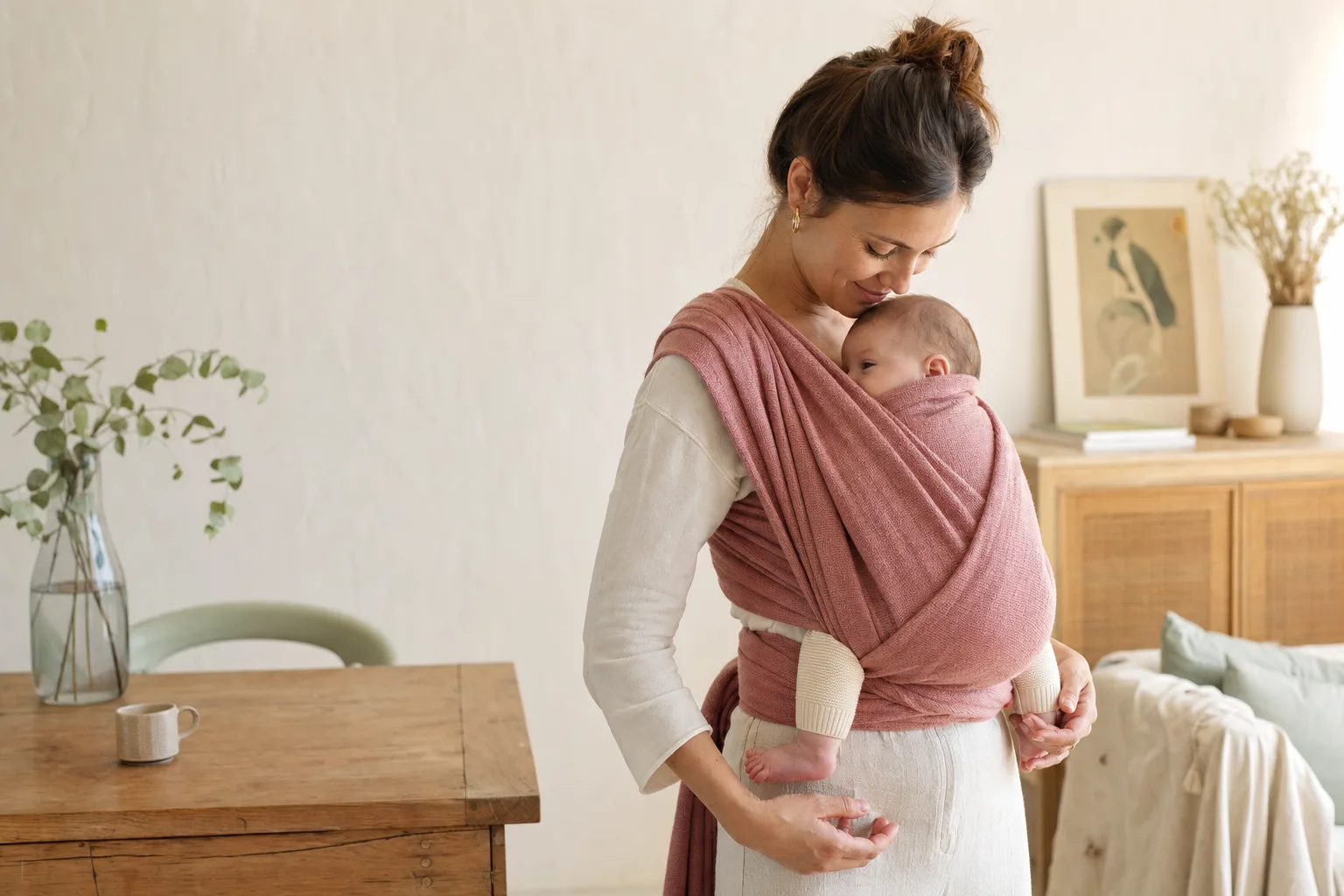 Maman portant son nouveau-né dans une écharpe tissée rose