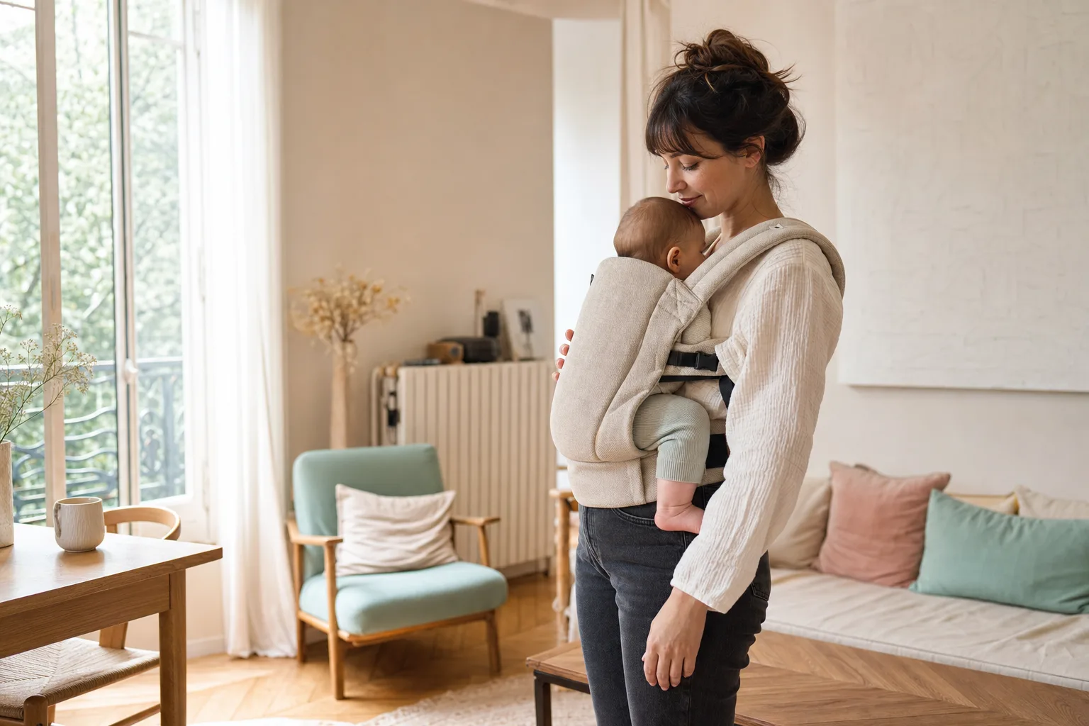 Maman portant son bébé face à elle dans un porte-bébé physiologique clair