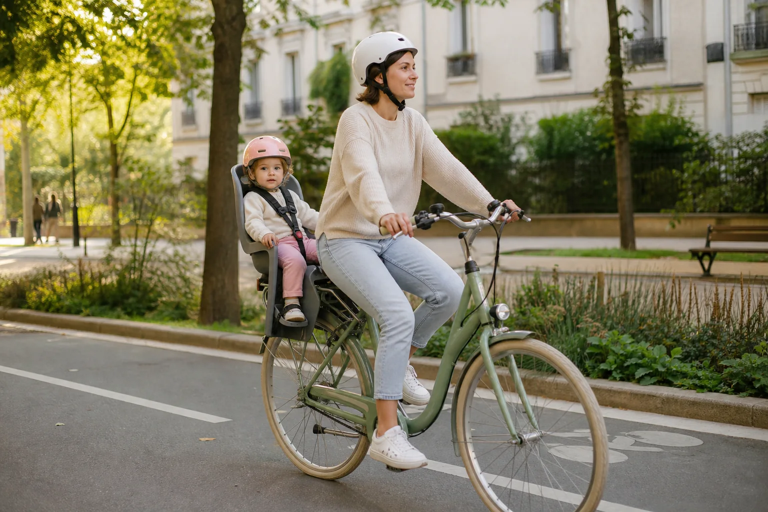 Maman faisant du vélo avec son enfant installé dans un siège arrière et portant un casque
