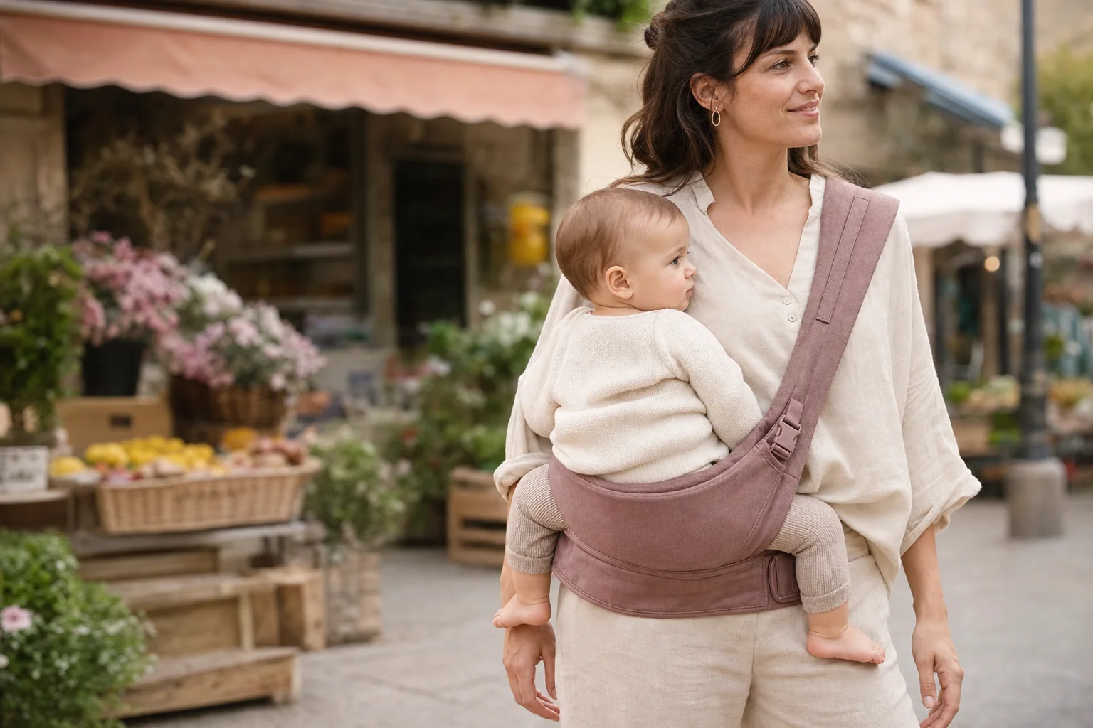 Maman portant son bébé confortablement sur la hanche au marché