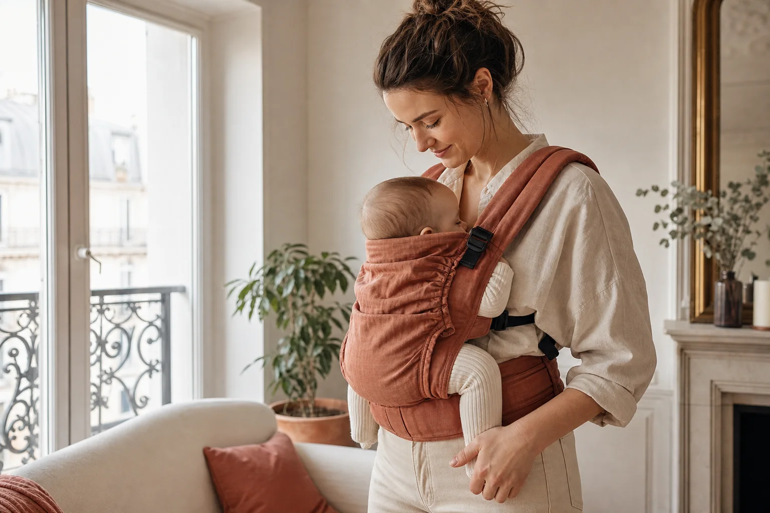 Maman portant son jeune bébé face à elle en position ventrale physiologique
