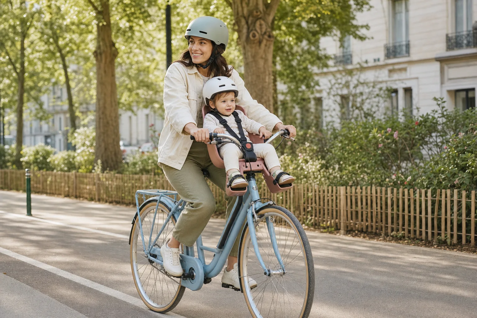Jeune enfant casqué installé dans un siège vélo avant avec harnais et repose-pieds