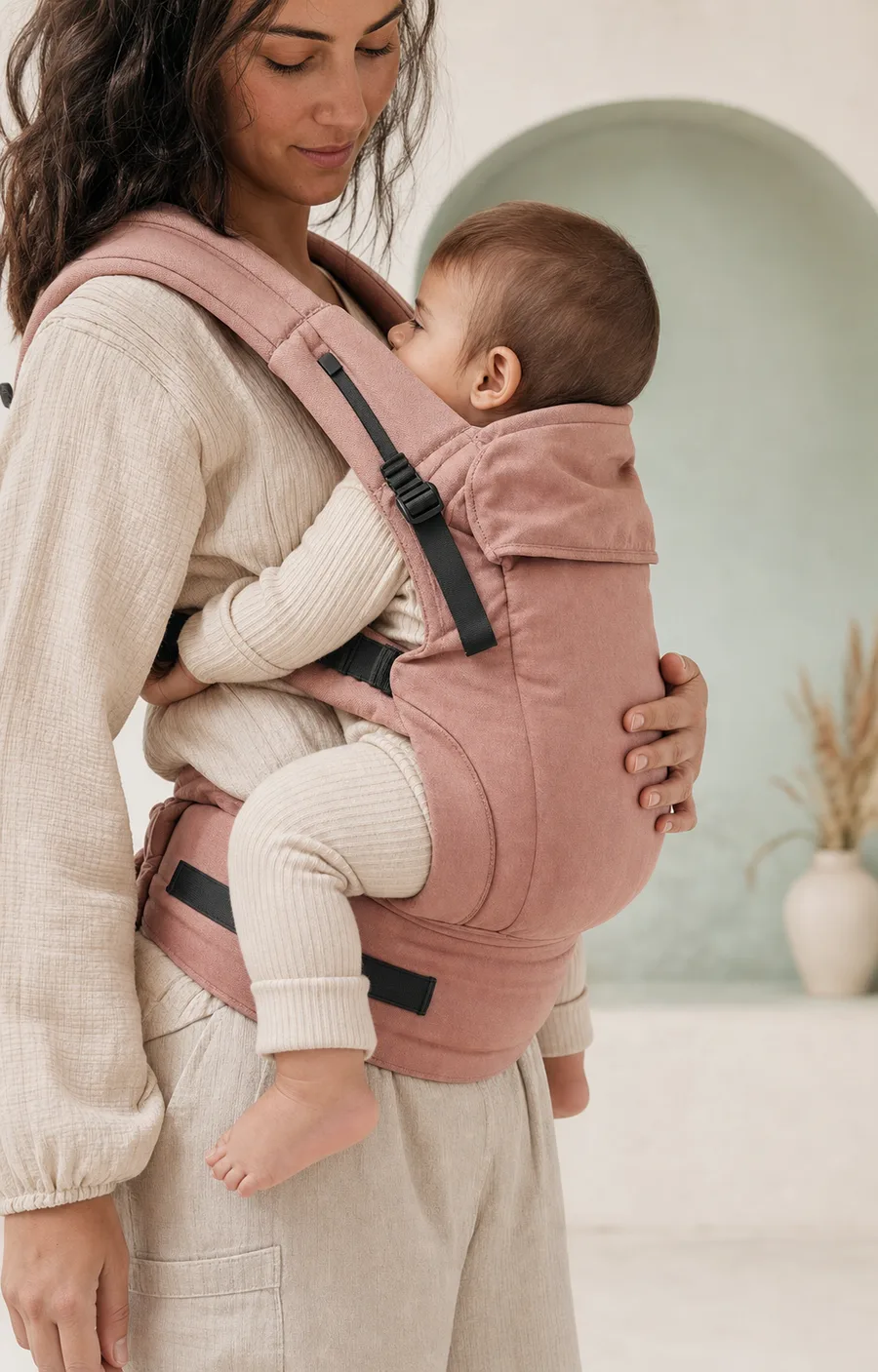 Bébé porté face à sa mère avec les jambes soutenues en position M